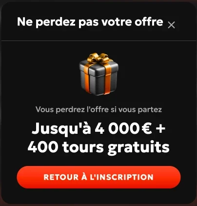 Bannière de bonus Gxbet — Jusqu'à 4 000 € et 400 tours gratuits avec bouton Retour à l'inscription